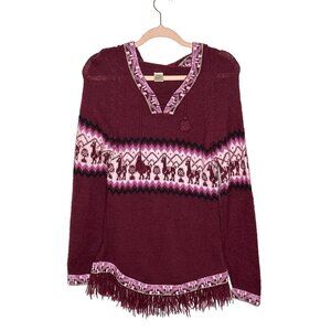 Elegant Burgundy V-Neck Sweater with Fringe